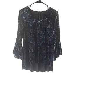 Cupio Large Whimsigoth Velvet Blue Floral Witchy Fairy Grunge Flutter Blouse
